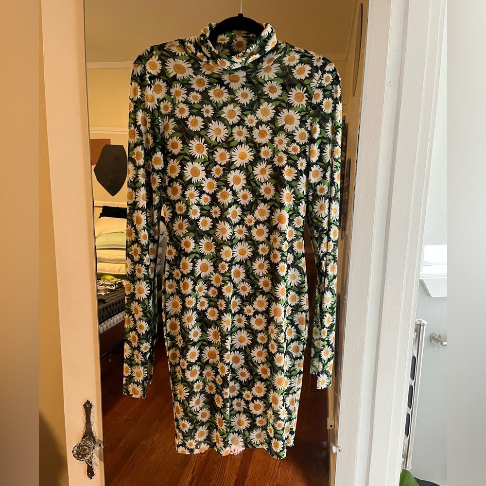 AFRM daisy printed mesh turtleneck mini dress